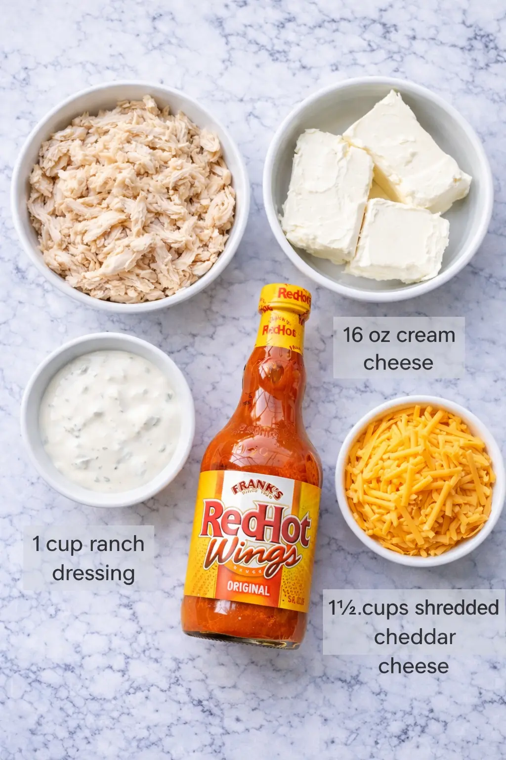 Ingredients of Crockpot Buffalo Chicken Dip