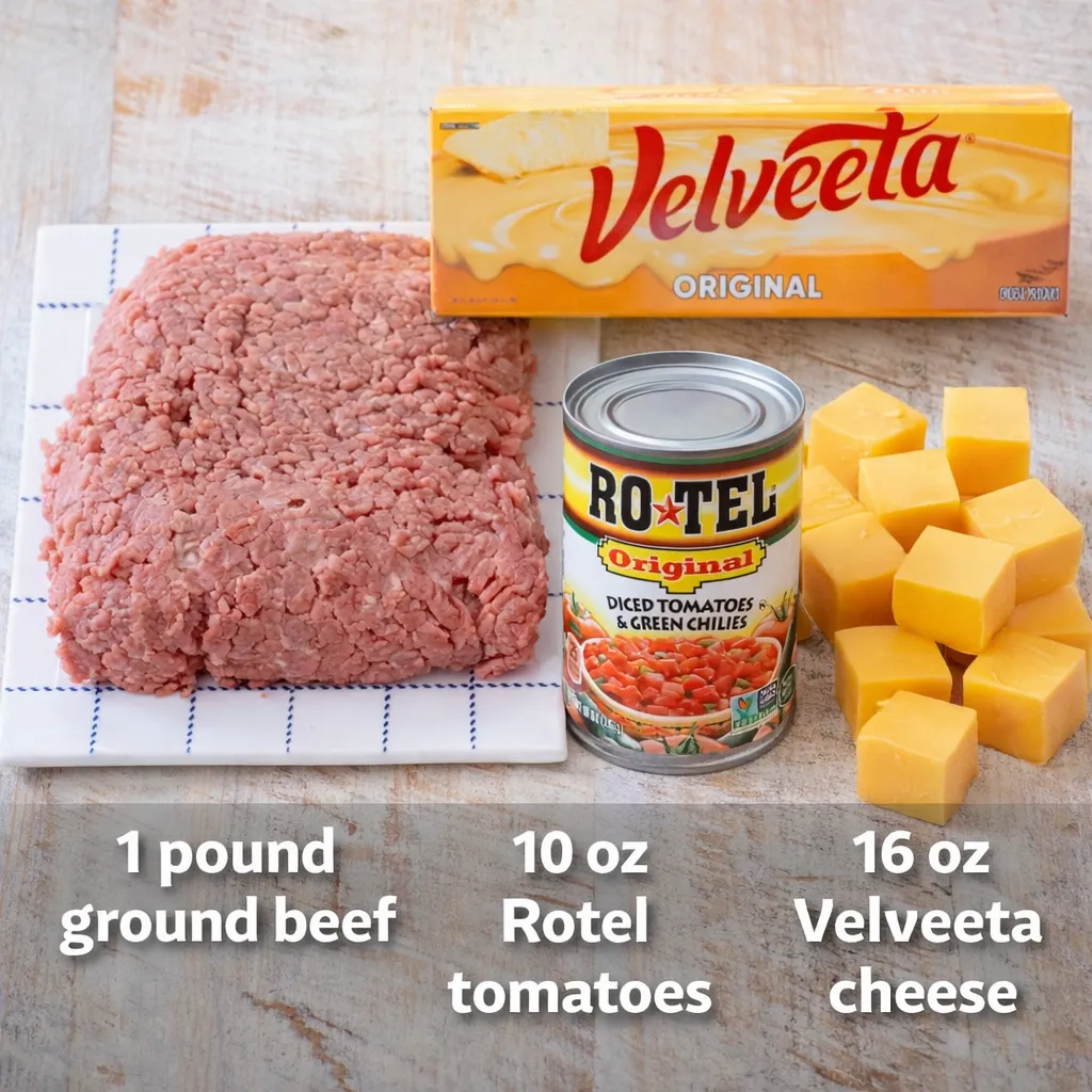 Ingredients of Rotel Dip with Ground Beef